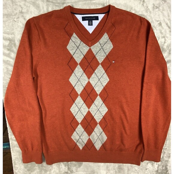 Tommy Hilfiger Other - Tommy Hilfiger Sweater Mens Large 100% Cotton Argyle Orange V-Neck Fall Preppy